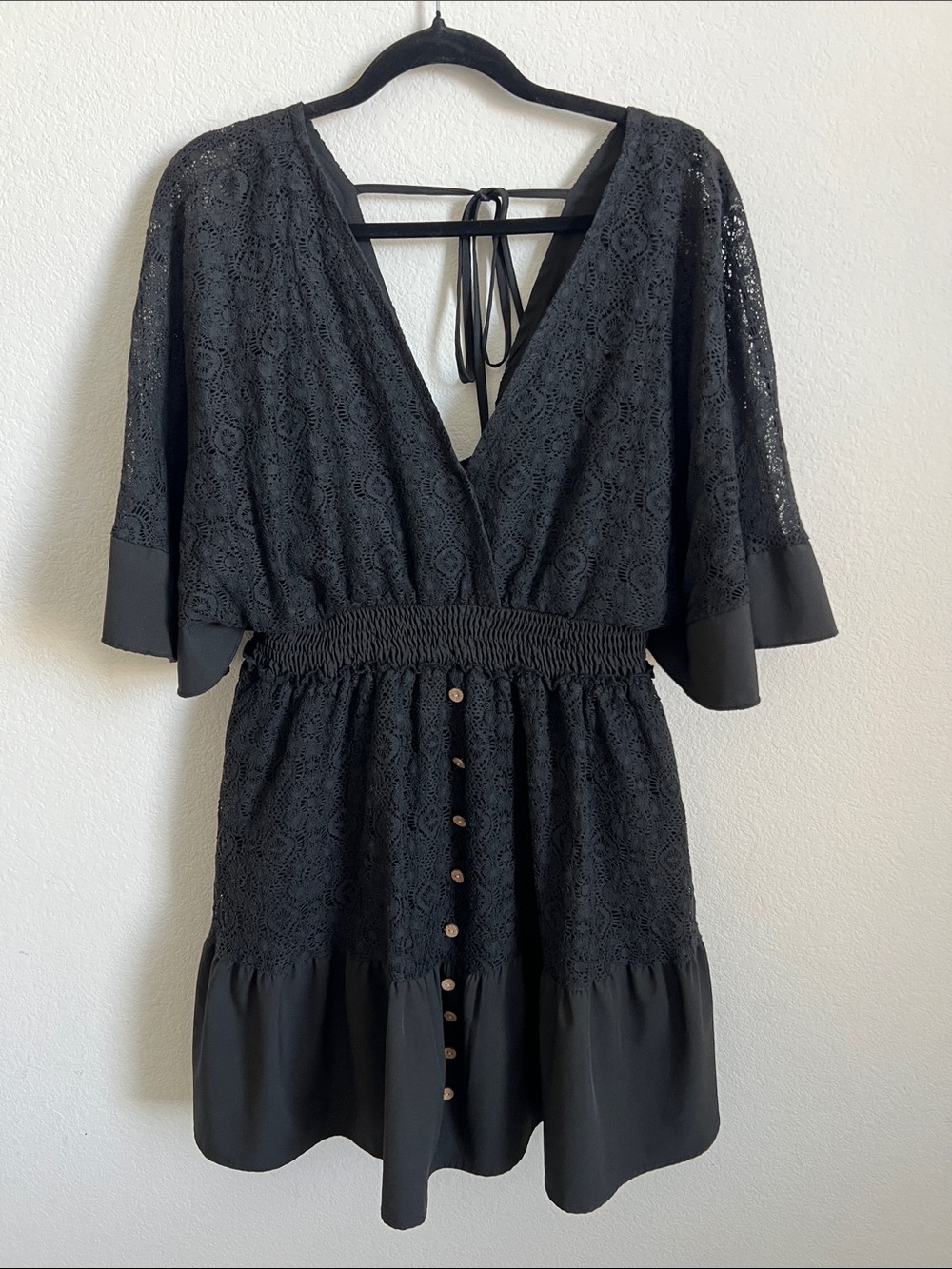 Black Lace V‑Neck Mini Dress • Smocked Waist • Party Ready XL